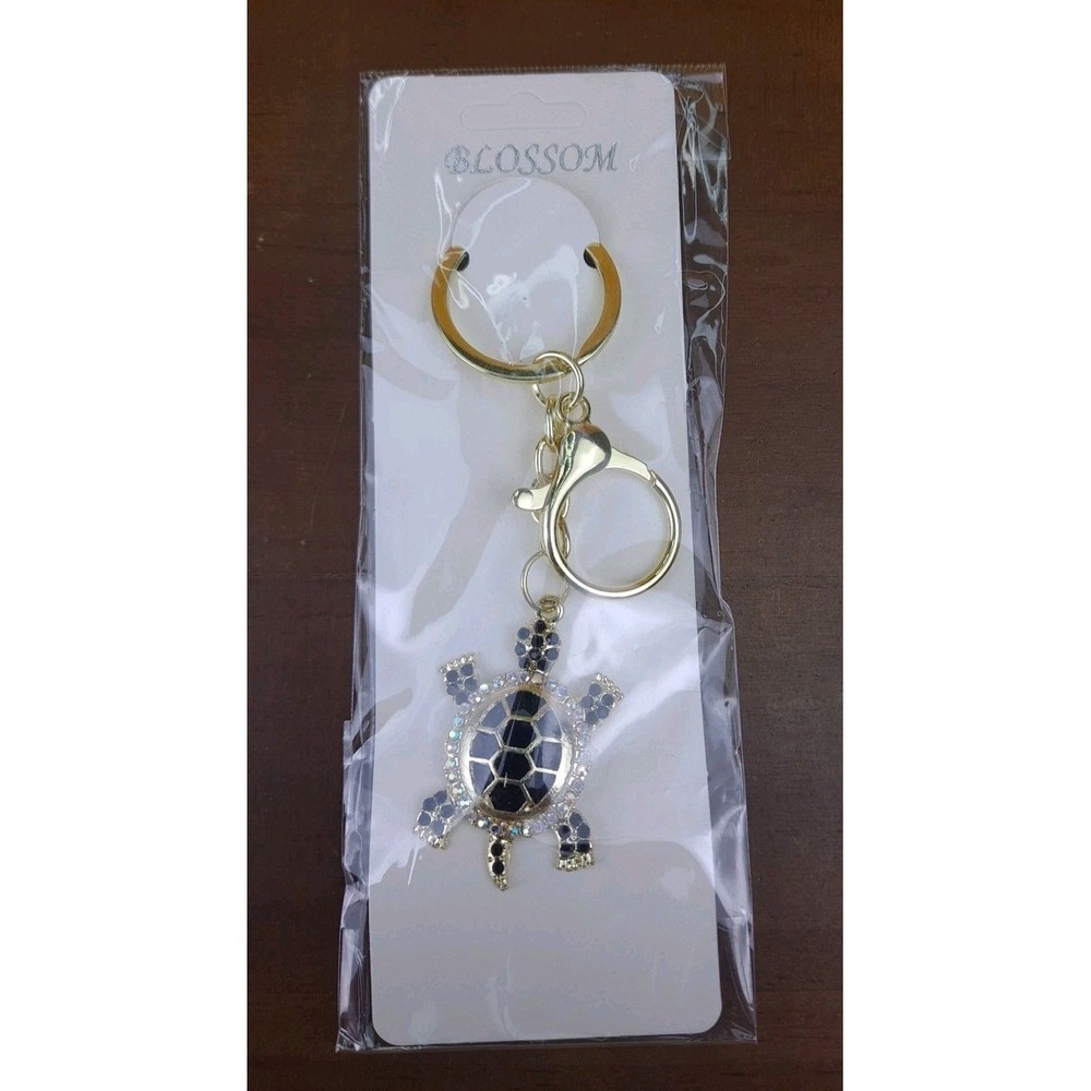Turtle Rhinestone Black Crystal Gold Tone Keychain Backpack Purse Clip - Picture 2 of 5
